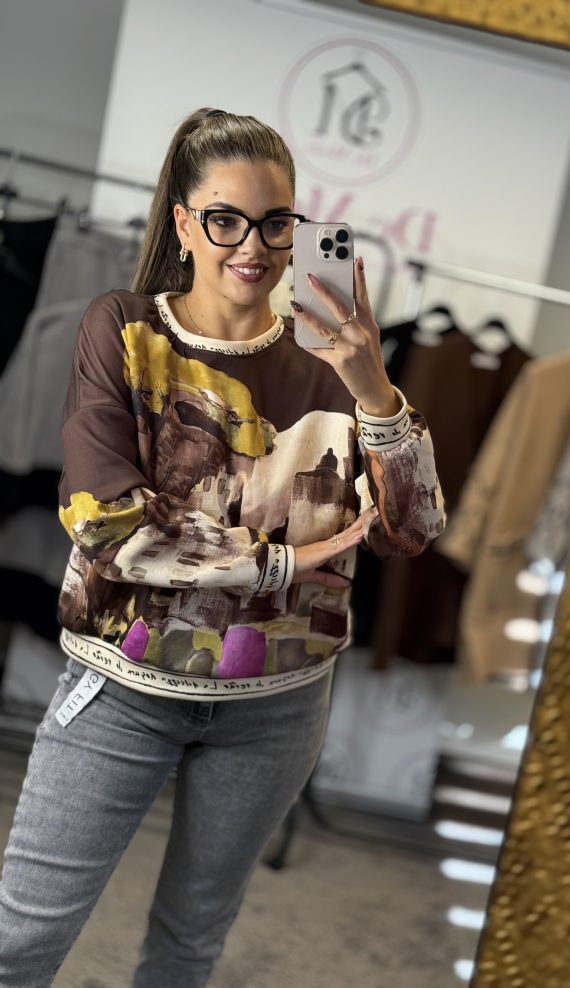 Kerek nyakú,mintás,vékony pulóver-csokibarna