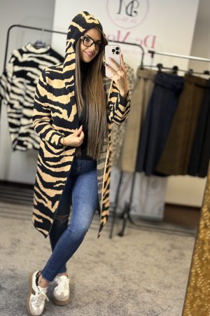 Zebra mintás,kapucnis kardigán-krém/fekete