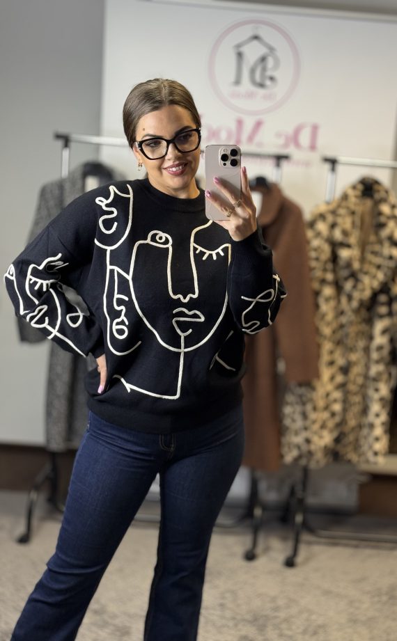 FACE  bő fazonú fekete/fehér pulóver