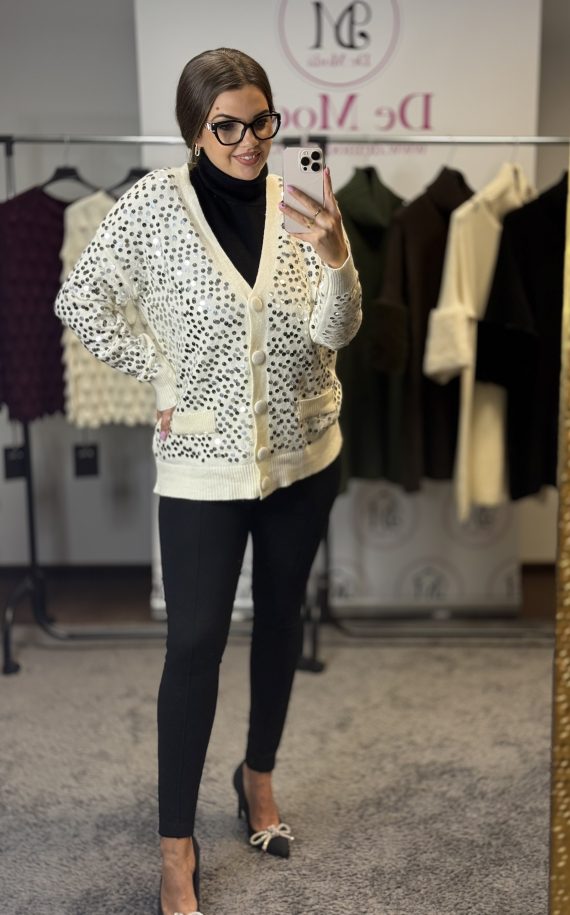 Csillogós V nyakú kardigán/pulóver-fehér