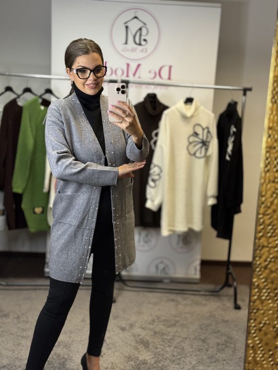 Kövekkel díszített,zsebes,elasztikus kardigán-szürke