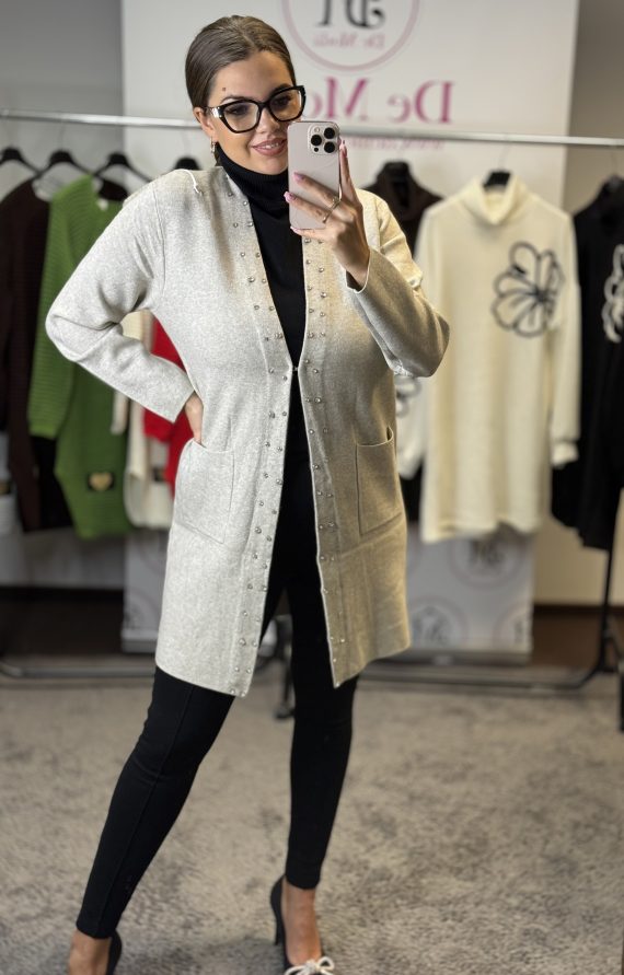 Kövekkel díszített,zsebes,elasztikus kardigán-világos bézs