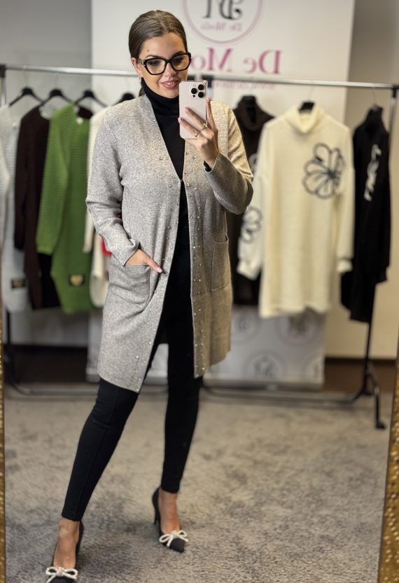 Kövekkel díszített,zsebes,elasztikus kardigán-sötétebb bézs