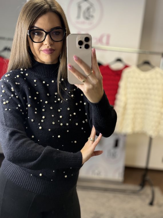 Kövekkel/gyöngyökkel díszített félgarbós,meleg pulóver-fekete