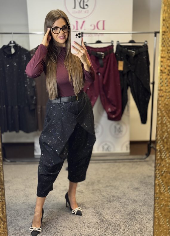 Különleges,elől átlapolt fazonú,csillogós alkalmi nadrág,hozzá tartozó övvel-fekete