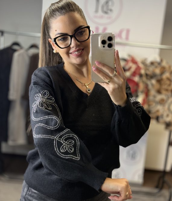 V nyakú,elasztikus,ujján virágmintás felső/pulóver-fekete