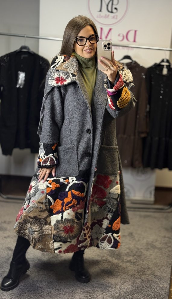 Egyedi,hosszú,galléros buklé kabát-sötétszürke alap