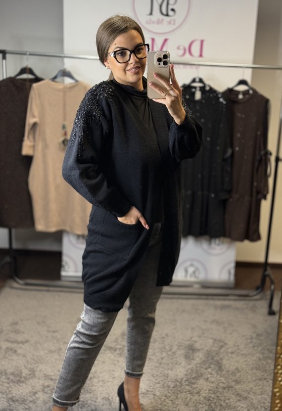 ANGEL meleg,zsebes kardigán-vállánál gyöngyökkel díszitett-fekete