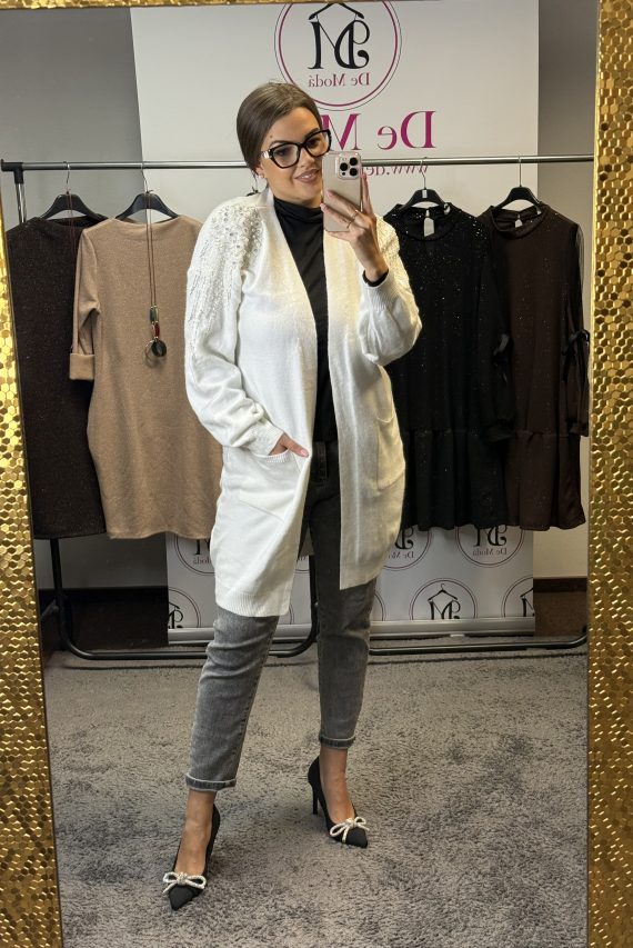 ANGEL meleg,zsebes kardigán-vállánál gyöngyökkel díszitett-fehér