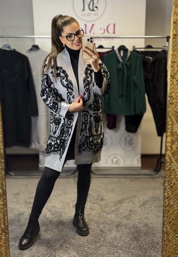 PRÉMIUM minőségű,vastag,zsebes kardigán-szürke alapon fekete minta