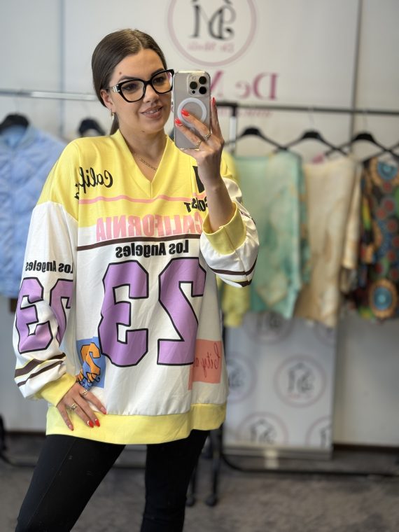 V nyakú,laza,bő fazonú,hosszított pulóver-sárga