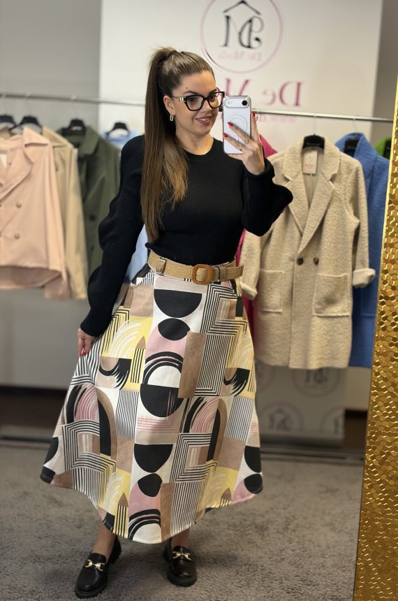 Prémium minőségű,puha anyagú,derekánál gumis,mintás szoknya ajándék övvel-fekete/sárga/púder