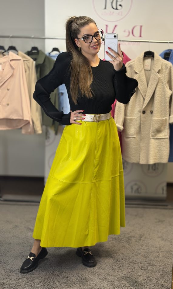 Hosszú,műbőr szoknya ajándék övvel-neonzöld