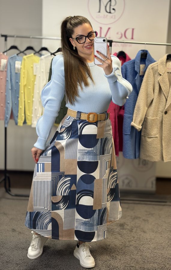 Prémium minőségű,puha anyagú,derekánál gumis,mintás szoknya ajándék övvel-sötétkék alap