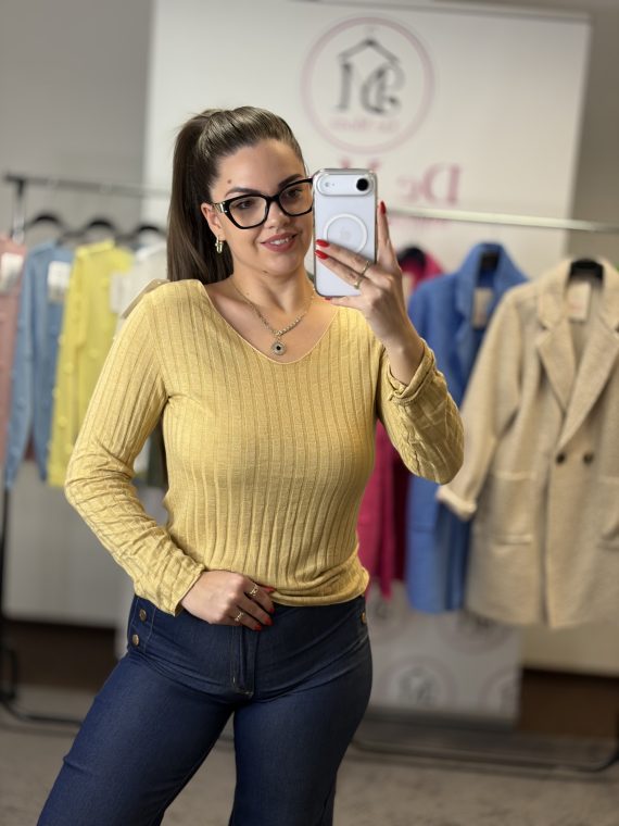 V nyakú,elasztikus basic felső-camel