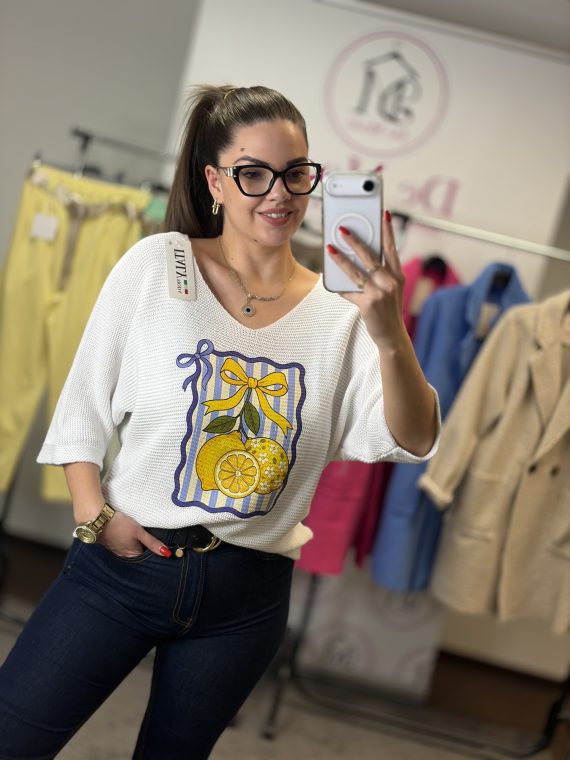 V nyakú,vékony citromos felső-fehér