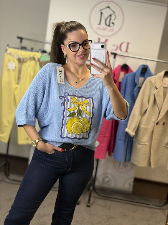 V nyakú,vékony citromos felső-babakék