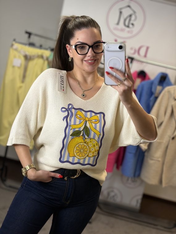 V nyakú, vékony citromos felső-bézs