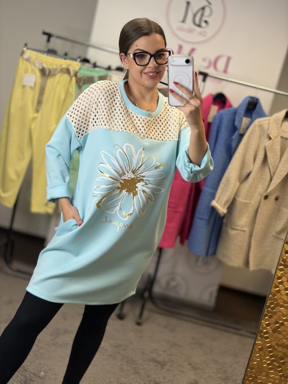 Desigual feliratú,virágos,felül hálós,zsebes tunika-türkiz