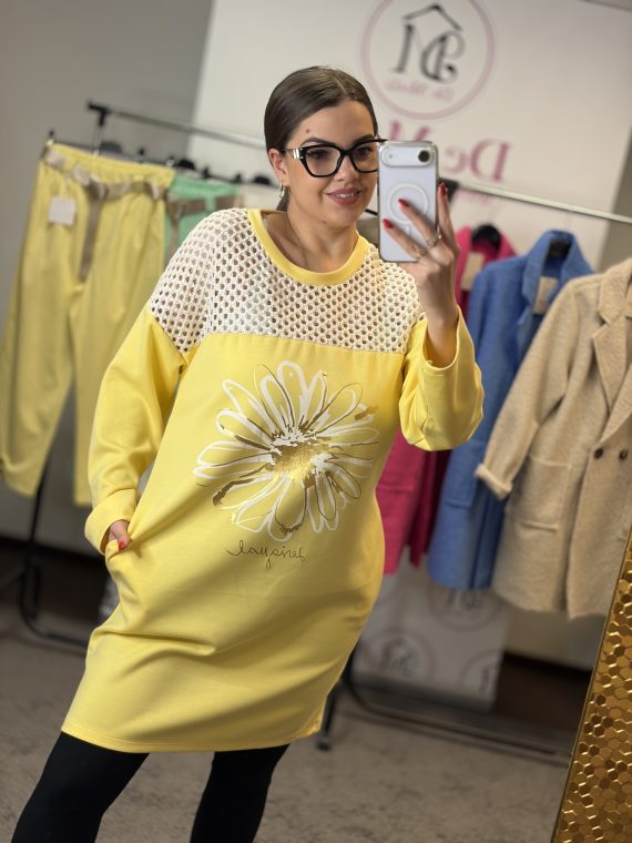 Desigual feliratú,virágos,felül hálós,zsebes tunika-sárga