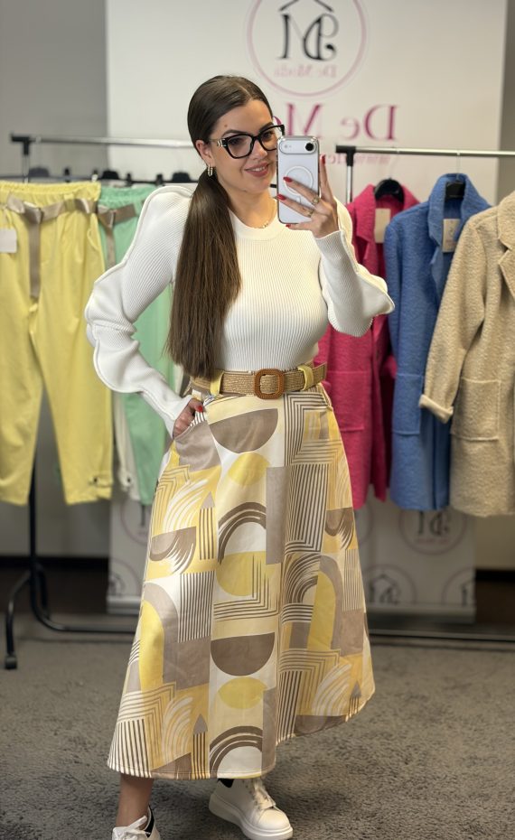 Prémium minőségű,puha anyagú,derekánál gumis,mintás szoknya ajándék övvel-sárga alap