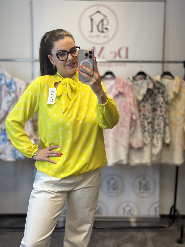 Pöttyös ,nyakánál megköthető ing-citromsárga