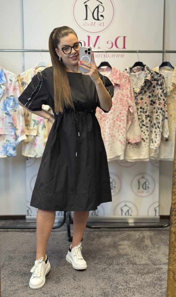 Különleges,vállánál cipzáros,derekánál összehúzható ruha-fekete