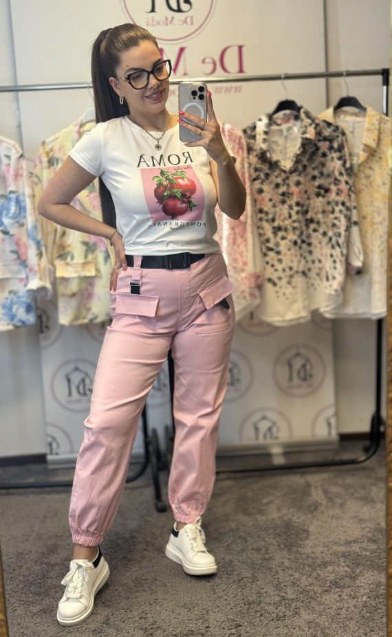 Magas derekú,alul gumis,vékony anyagú nadrág,fekete övvel-rózsaszín