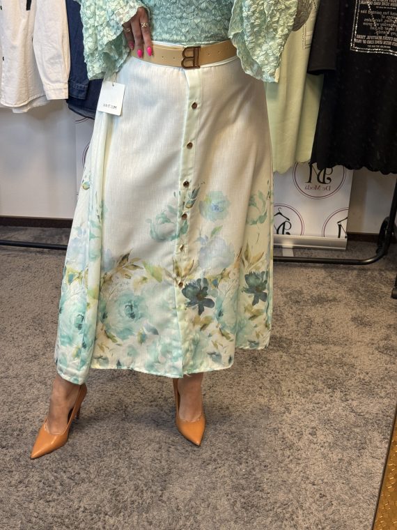 Vékony,lenge,elől gombos,virágos szoknya,ajándék övvel-menta