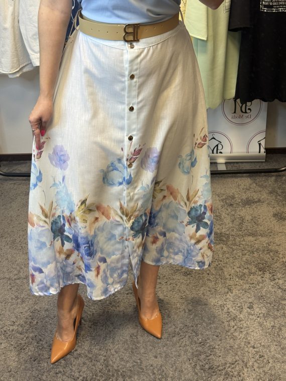 Vékony,lenge,elől gombos,virágos szoknya,ajándék övvel-babakék