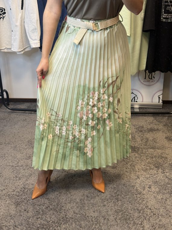 Virágos,plisszírozott szoknya,ajándék övvel-pasztell zöld