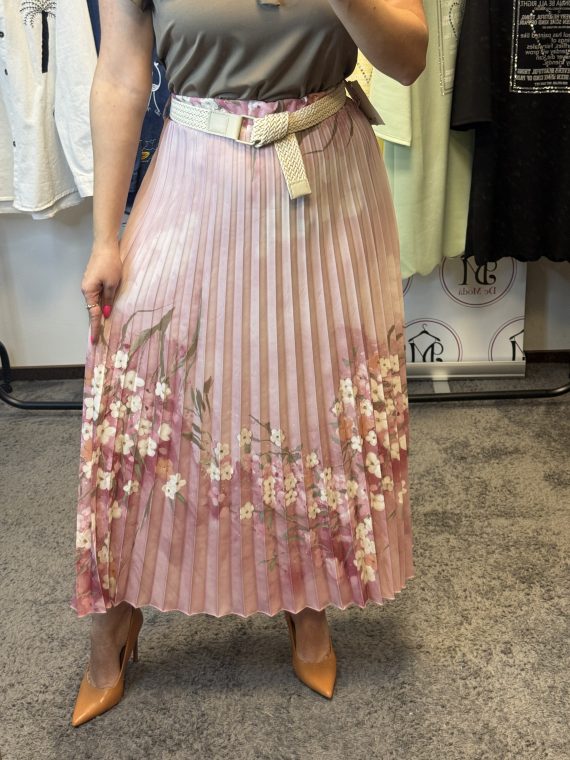 Virágos,plisszírozott szoknya,ajándék övvel-pasztell rózsaszín