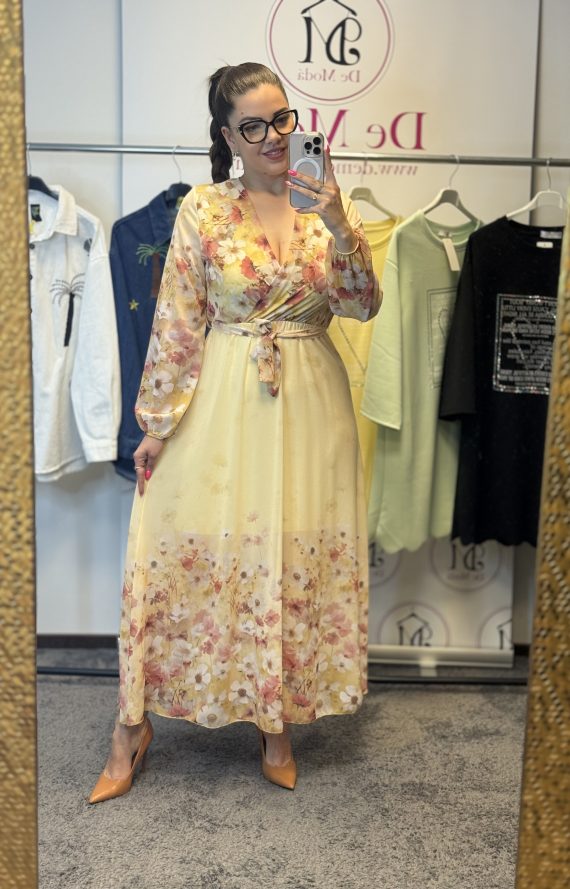 Virágos,derekánál megköthető maxi ruha-sárga