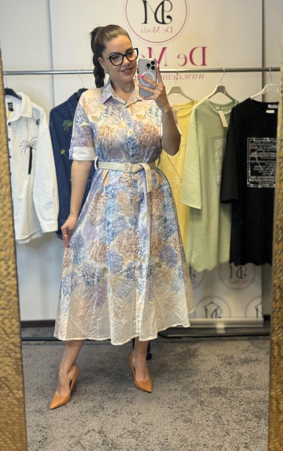 Elegáns maxi ruha ajándék övvel-babakék virágos alap