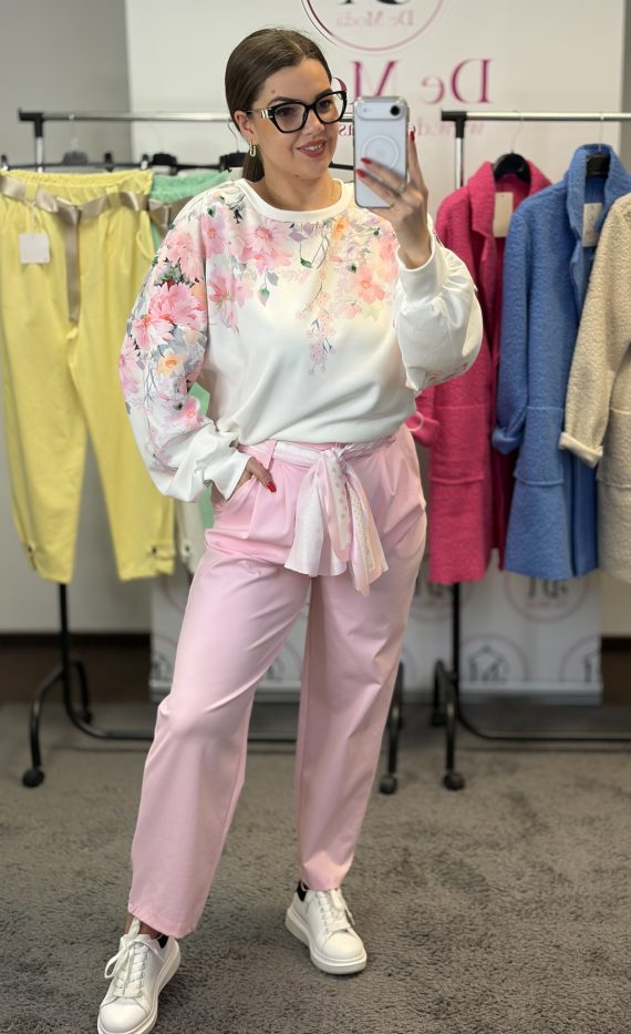 Magas derekú,laza fazonú nadrág,selyem hatású kötővel-babarózsaszín