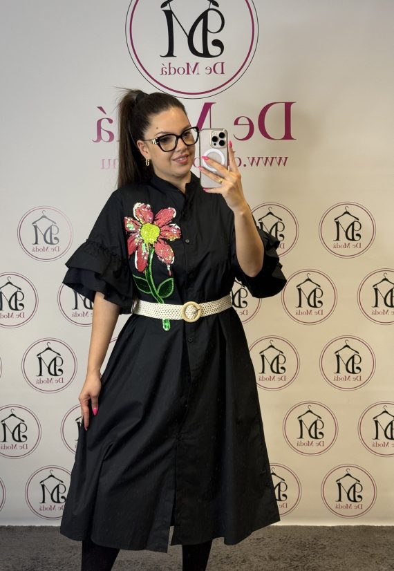 MAXI ruha,mellénél flitteres virággal,ajándék övvel-fekete