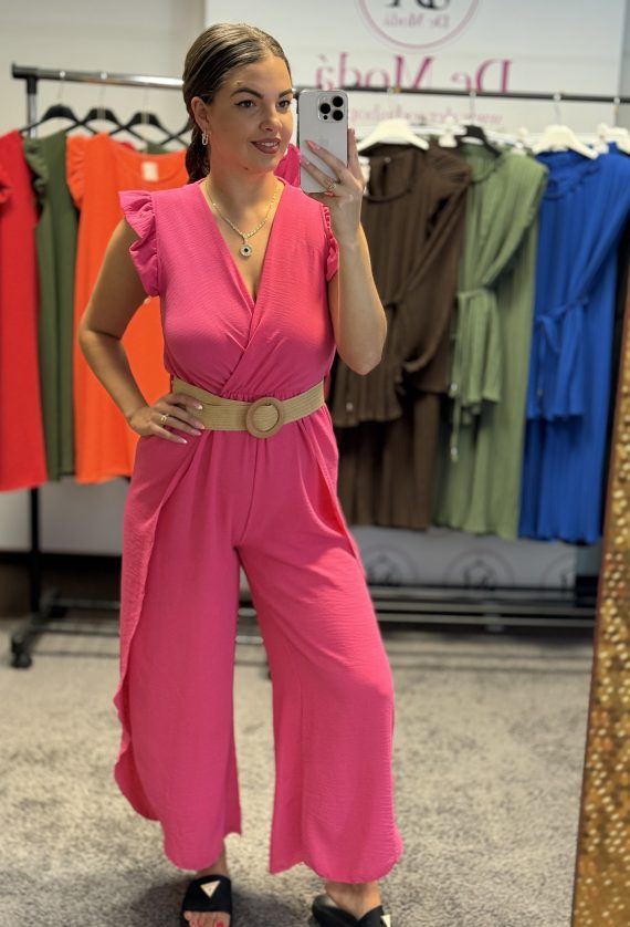 Lenge,száránál felsliccelt,nyári overál ajándék övvel-pink