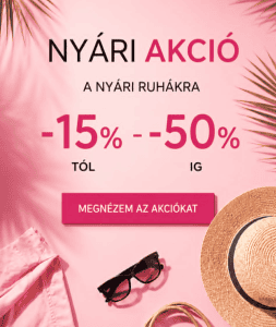 Nyaralási akció plakát pink háttérrel és nyári ruhákkal.