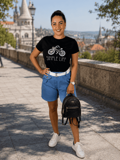 Biciklis mintájú, női pamut póló-fekete